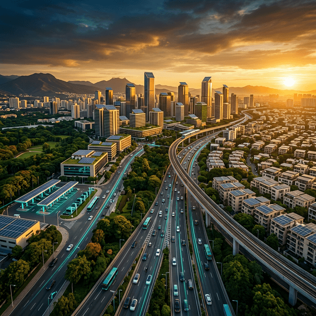 Electric vehicles on a modern African city highway at golden hour